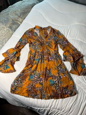 Orange Floral Tiered Ruffle Sleeve Midi Dress
